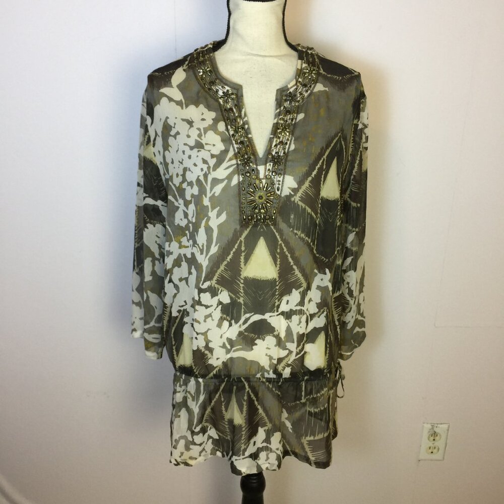 Chico's Blouse Shirt Size 2 Womans L Brown Floral V-neck Beaded Drawstring Waist